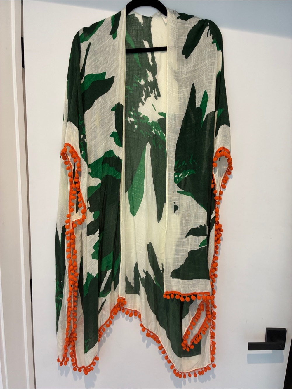 Shiraleah Cream Kimono with Green Leaf Print & Orange Pom-Poms One Size Fits All